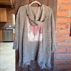 The Nu Vintage open front long cardigan fringe butterfly size medium boho beachy